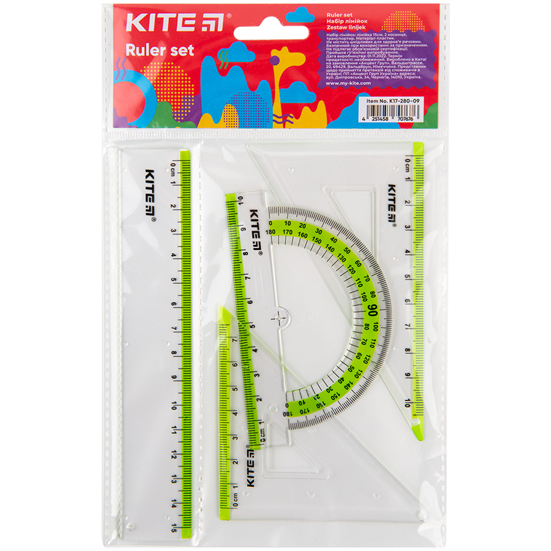 Set Kite К17-280-09: 15 cm Lineal, 2 Quadrate, Winkelmesser (hellgrün gestreift)