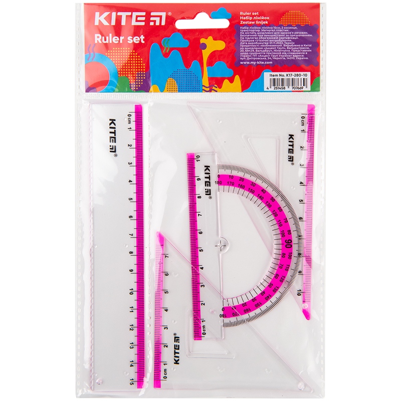 Set ruler 15 cm, 2 triangle rulers, protractor (pink stripe) K17-280-10