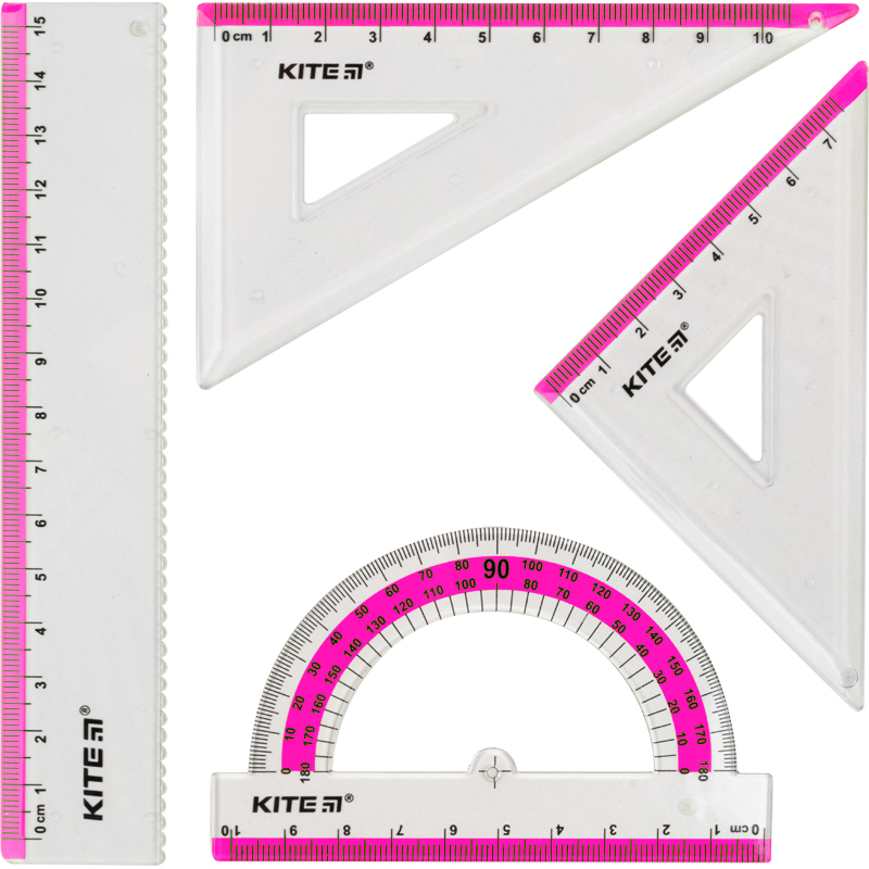 Set: 15 cm Lineal, 2 Quadrate, Winkelmesser (rosa) К17-280-10