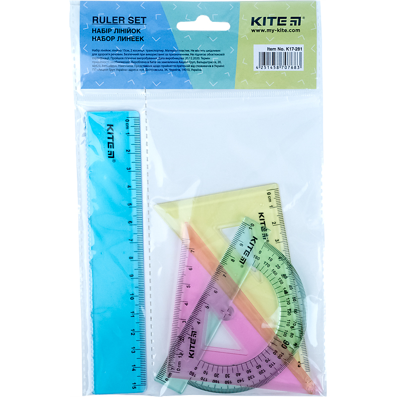 Set ruler 15 cm, 2 triangle rulers, protractor (assorted colors) K17-281