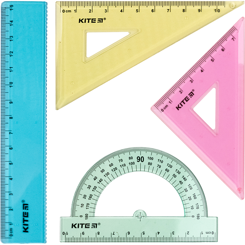 Set ruler 15 cm, 2 triangle rulers, protractor (assorted colors) K17-281