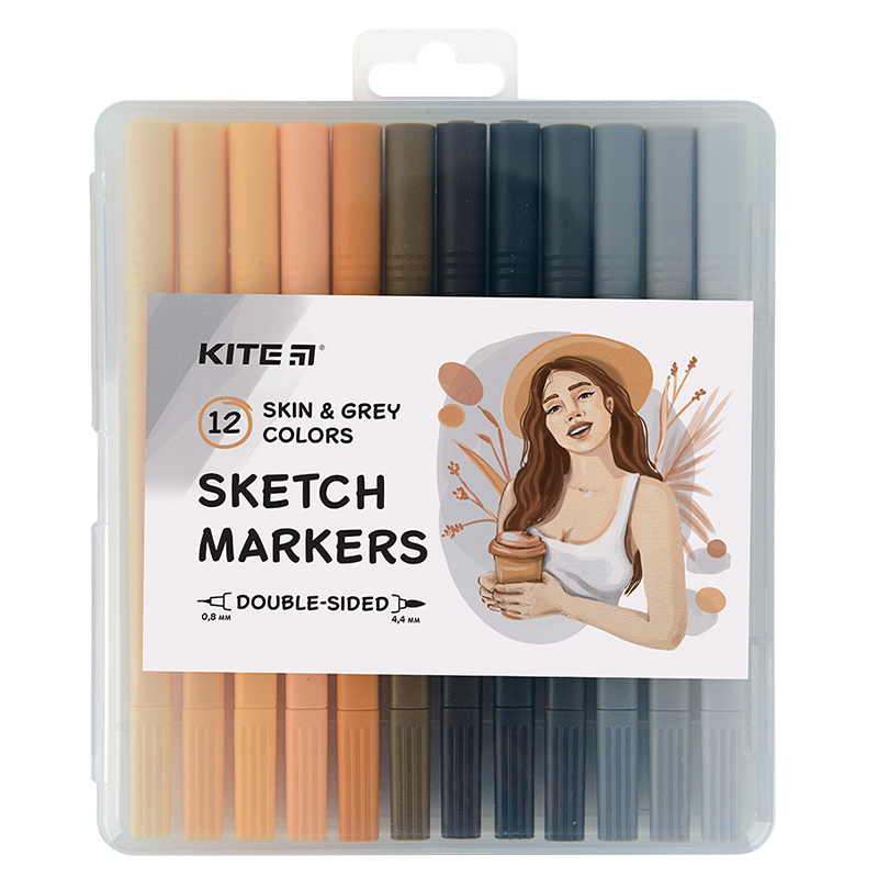 Sketch markers Kite Skin&Grey K22-044-4, 12 colors