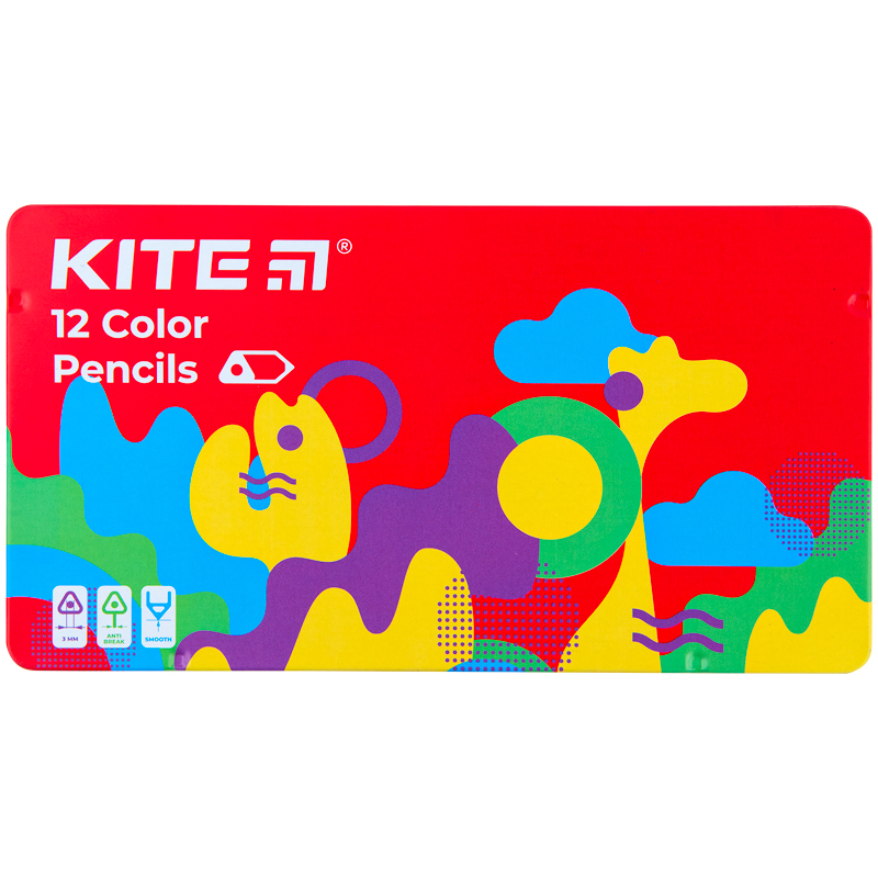Color pencils triangular Kite Fantasy K22-058-2, 12 colors, metal pencil case