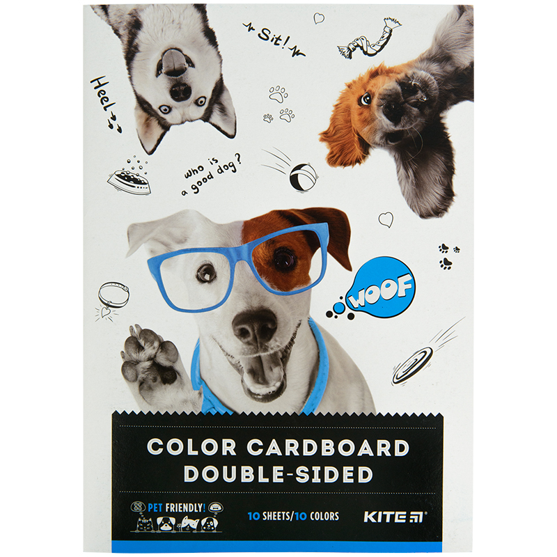 Color cardboard, double-sided Kite Dogs K22-255-1, А4, 10 sheets/10 colors