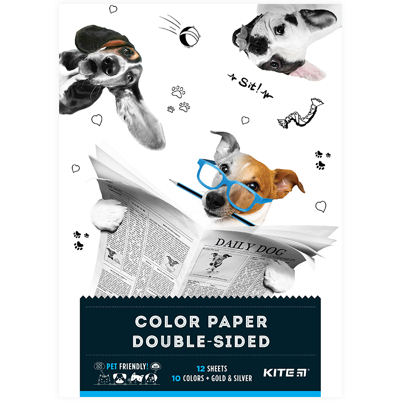 Color paper double-sided Kite Dogs K22-287, А4, 12 sheets/12 colors