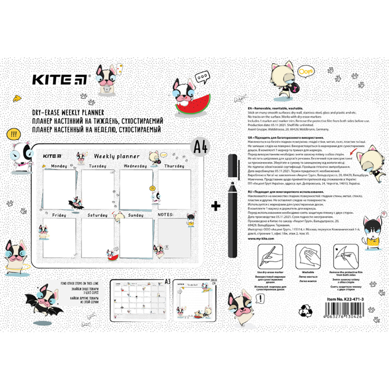 Wall-mounted weekly planner Kite Funny dogs K22-471-3, А4