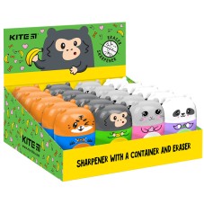 Sharpener with container and eraser Kite Jungle K23-366, assorted