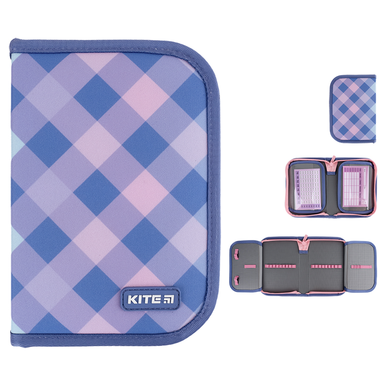 Pencil case without stationery Kite Purple Chequer K24-622-3, 1 compartment, 2 folds